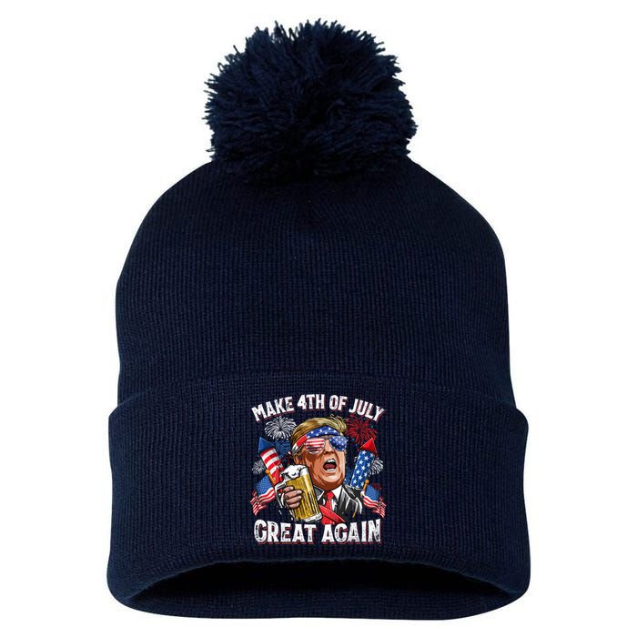 Trump Make 4th Of July Great Again Fireworks US Flag Men Drinking Beer Funny Pom Pom 12in Knit Beanie