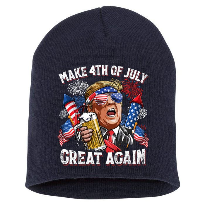 Trump Make 4th Of July Great Again Fireworks US Flag Men Drinking Beer Funny Short Acrylic Beanie