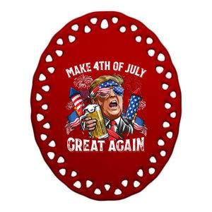 Trump Make 4th Of July Great Again Fireworks US Flag Men Drinking Beer Funny Ceramic Oval Ornament