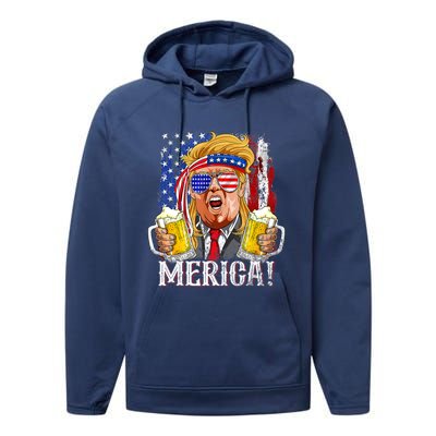 Trump Mullet 4th Of July USA American Flag Merica Trump 2024 Performance Fleece Hoodie