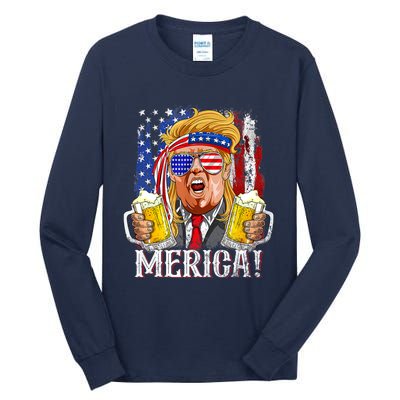 Trump Mullet 4th Of July USA American Flag Merica Trump 2024 Tall Long Sleeve T-Shirt