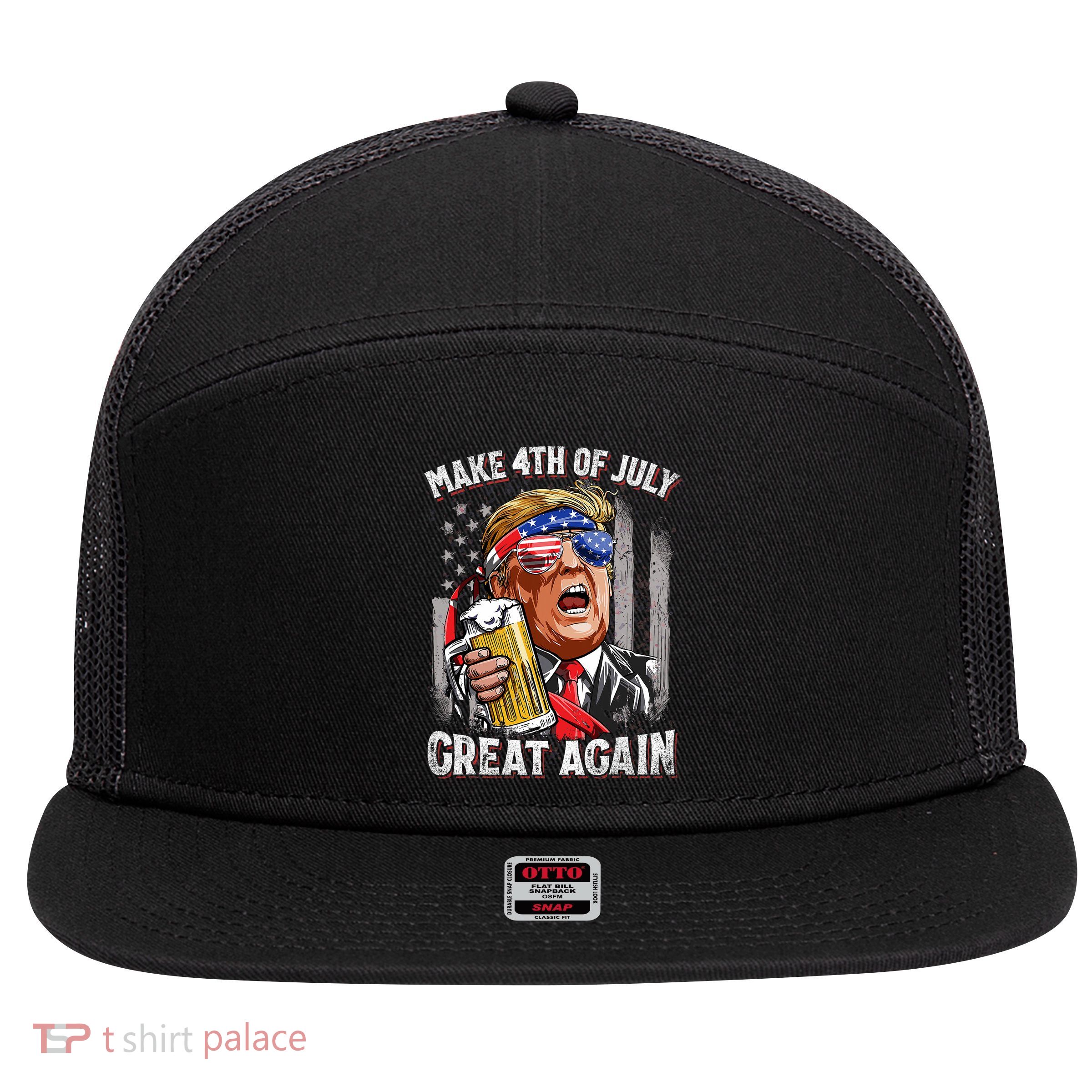 Trump Make 4th Of July Great Again Drinking Beer Funny 7 Panel Mesh Trucker Snapback Hat