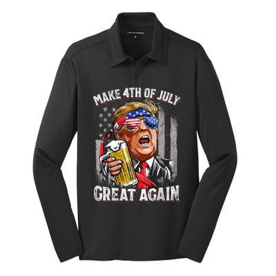 Trump Make 4th Of July Great Again Drinking Beer Funny Silk Touch Performance Long Sleeve Polo