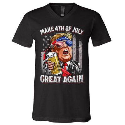 Trump Make 4th Of July Great Again Drinking Beer Funny V-Neck T-Shirt