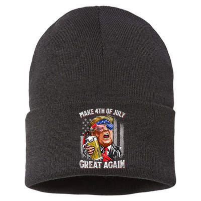 Trump Make 4th Of July Great Again Drinking Beer Funny Sustainable Knit Beanie
