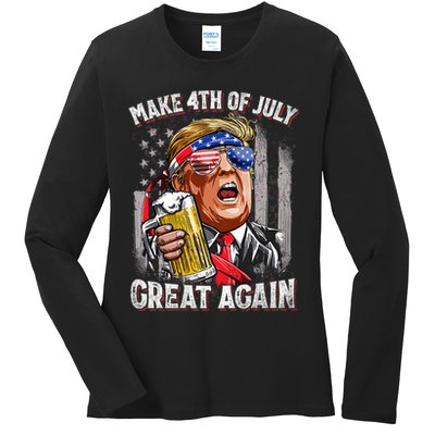 Trump Make 4th Of July Great Again Drinking Beer Funny Ladies Long Sleeve Shirt