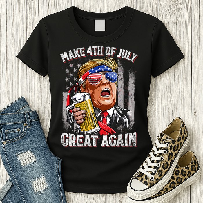 Trump Make 4th Of July Great Again Drinking Beer Funny Womens T-Shirt