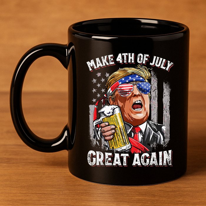 Trump Make 4th Of July Great Again Drinking Beer 11oz C Handle Ceramic Mug