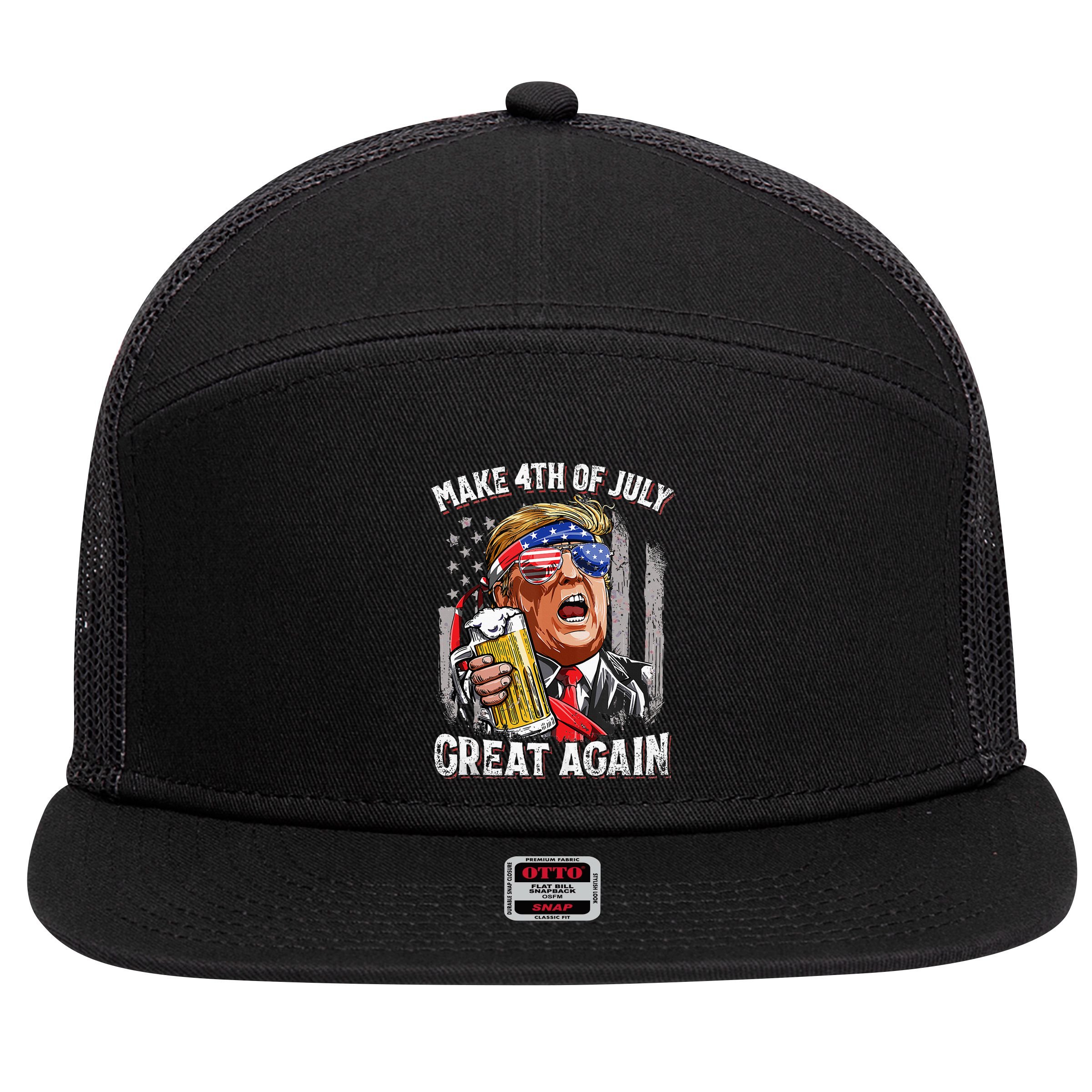 Trump Make 4th Of July Great Again Drinking Beer 7 Panel Mesh Trucker Snapback Hat