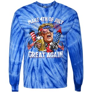 Trump Make 4th Of July Great Again Fireworks US Flag Men Drinking Beer Funny Tie-Dye Long Sleeve Shirt