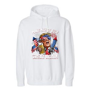 Trump Make 4th Of July Great Again Fireworks US Flag Men Drinking Beer Funny Garment-Dyed Fleece Hoodie