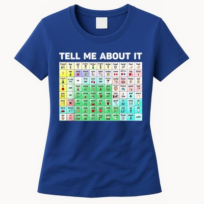 Tell Me About It Speech Language Pathology AAC Sped Teacher Womens T-Shirt