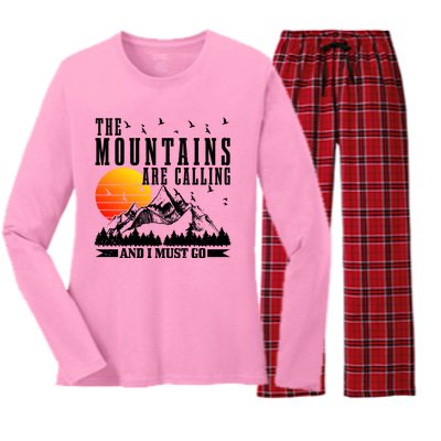 The Mountains Are Calling I Must Go Hiking Camping Climbing Gift Women's Long Sleeve Flannel Pajama Set 