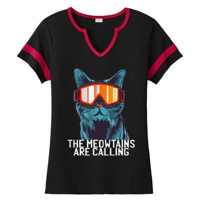 The Meowtains Are Calling Funny Ski Snowboard Goggle Cat Ladies Halftime Notch Neck Tee