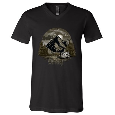 The Mountains Are Calling Adventure Graphic V-Neck T-Shirt