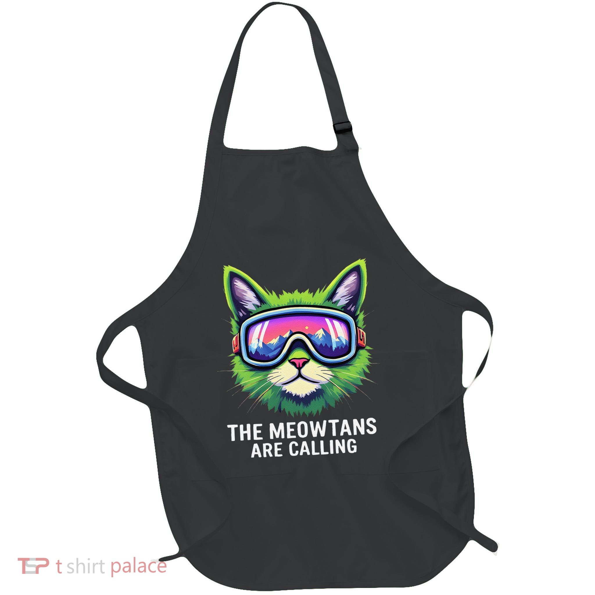 The Meowtains Are Calling Cat Lover Mountain Skier Full-Length Apron With Pockets