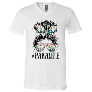 Teacher Messy Bun Paraprofessional Life V-Neck T-Shirt