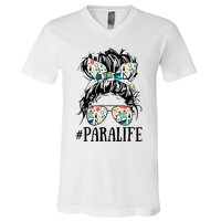 Teacher Messy Bun Paraprofessional Life V-Neck T-Shirt