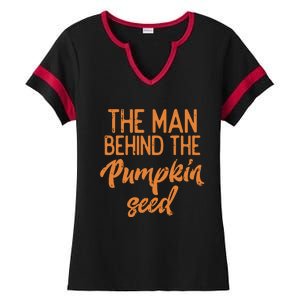 The Man Behind The Pumpkin Seed Halloween Pregnancy Dad Ladies Halftime Notch Neck Tee