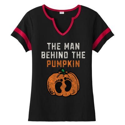 The Man Behind The Pumpkin Dad Halloween Pregnancy Reveal Ladies Halftime Notch Neck Tee