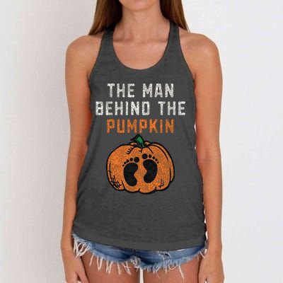 The Man Behind The Pumpkin Dad Halloween Pregnancy Reveal Women's Knotted Racerback Tank