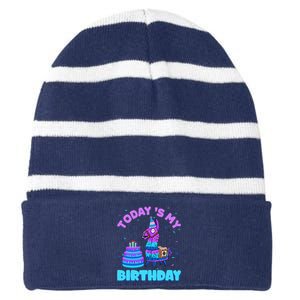 Todays My Birthday Llama Family Party Decorations Striped Beanie with Solid Band