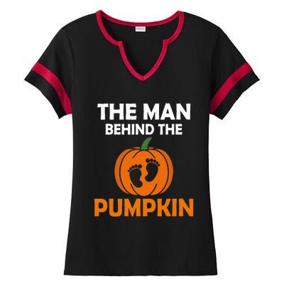 The Man Behind The Pumpkin Daddy Pregnancy Halloween Family Ladies Halftime Notch Neck Tee