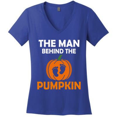 The Man Behind The Pumpkin Daddy Pregnancy Halloween Family Women's V-Neck T-Shirt