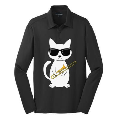 Trombone Mucisian Brass Instrument Trombonist Cat Lover Silk Touch Performance Long Sleeve Polo