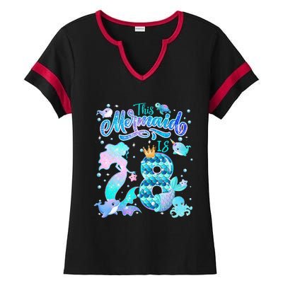 This Mermaid Birthday Girl 8 Year Old 8th Birthday Mermaid Ladies Halftime Notch Neck Tee