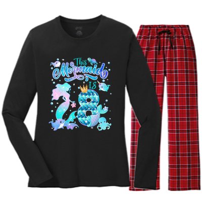 This Mermaid Birthday Girl 8 Year Old 8th Birthday Mermaid Women's Long Sleeve Flannel Pajama Set 