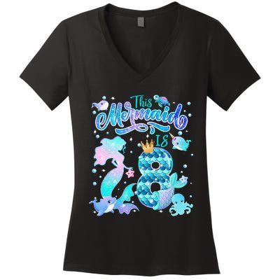 This Mermaid Birthday Girl 8 Year Old 8th Birthday Mermaid Women's V-Neck T-Shirt