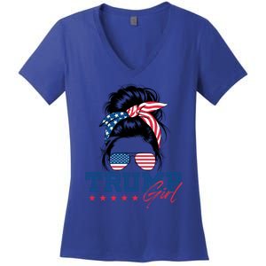 Trump Messy Bun Vote Trump 2024 Election Usa Flag Great Gift Women's V-Neck T-Shirt