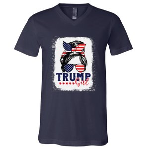 Trump Messy Bun Trump 2024 Election American Flag V-Neck T-Shirt