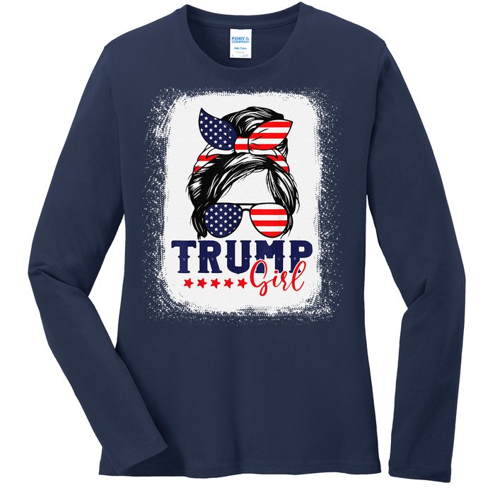 Trump Messy Bun Trump 2024 Election American Flag Ladies Long Sleeve Shirt