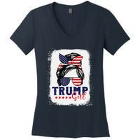 Trump Messy Bun Trump 2024 Election American Flag Women's V-Neck T-Shirt