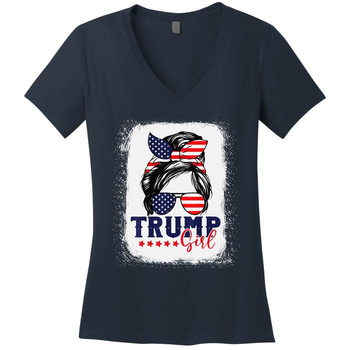 Trump Messy Bun Trump 2024 Election American Flag Women's V-Neck T-Shirt