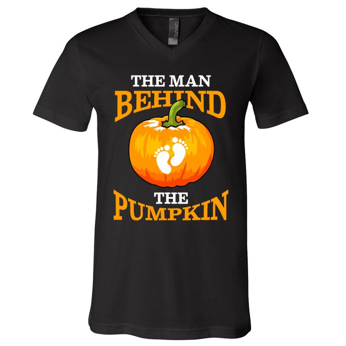 The Man Behind The Pumpkin Dad Soon Halloween Pregnancy V-Neck T-Shirt