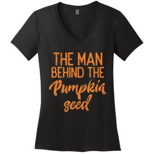 The Man Behind The Pumpkin Seed Halloween Pregnancy Women's V-Neck T-Shirt