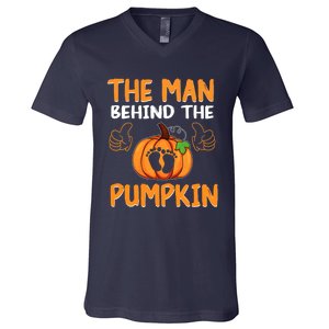 The Man Behind The Pumpkin New Baby Shower Dad Halloween V-Neck T-Shirt