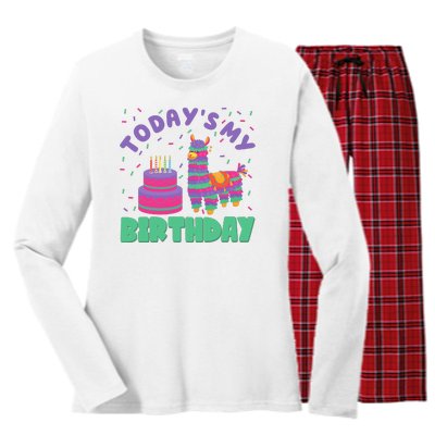 Todays My Birthday Llama Party Women's Long Sleeve Flannel Pajama Set 