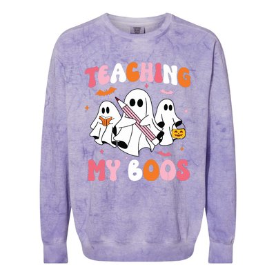 Teaching My Boos Spooky Teacher Ghost Halloween Groovy Retro Colorblast Crewneck Sweatshirt