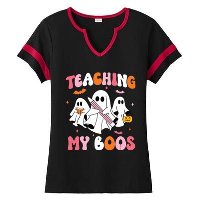 Teaching My Boos Spooky Teacher Ghost Halloween Groovy Retro Ladies Halftime Notch Neck Tee