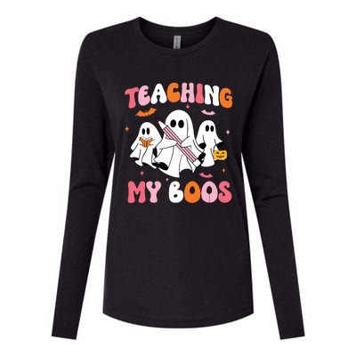 Teaching My Boos Spooky Teacher Ghost Halloween Groovy Retro Womens Cotton Relaxed Long Sleeve T-Shirt