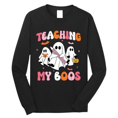 Teaching My Boos Spooky Teacher Ghost Halloween Groovy Retro Long Sleeve Shirt