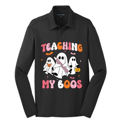 Teaching My Boos Spooky Teacher Ghost Halloween Groovy Retro Silk Touch Performance Long Sleeve Polo