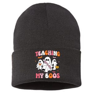 Teaching My Boos Spooky Teacher Ghost Halloween Groovy Retro Sustainable Knit Beanie