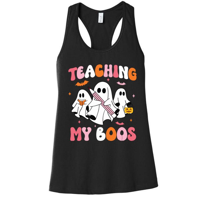 Teaching My Boos Spooky Teacher Ghost Halloween Groovy Retro Women's Racerback Tank