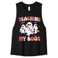 Teaching My Boos Spooky Teacher Ghost Halloween Groovy Retro Women's Racerback Cropped Tank