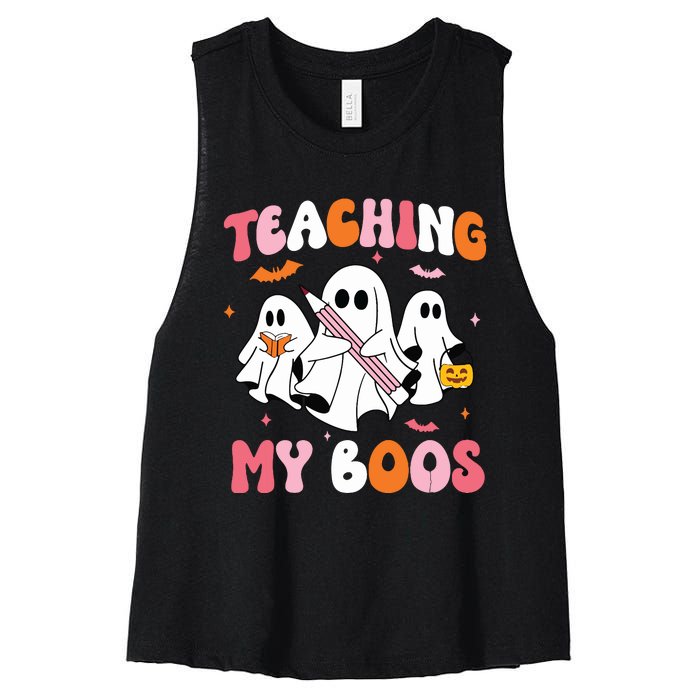 Teaching My Boos Spooky Teacher Ghost Halloween Groovy Retro Women's Racerback Cropped Tank